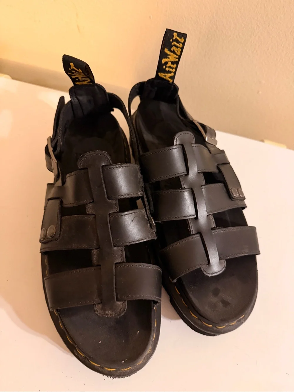 Dr. Martens Black Leather Buckle Fisherman Sandals with Yellow Stitching